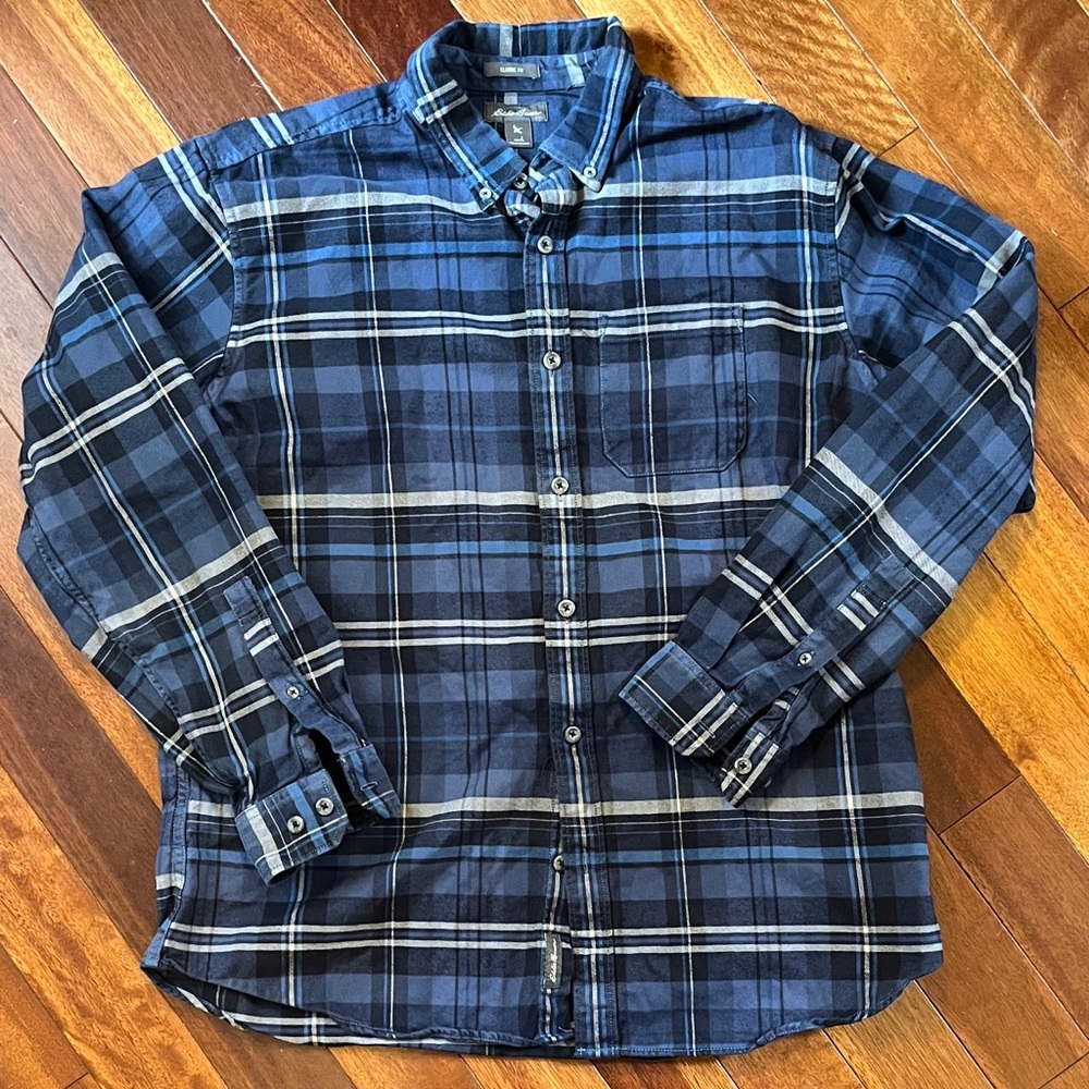 Eddie Bauer Navy and White Plaid Button Down Shirt